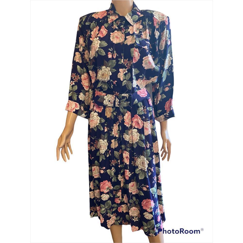 Vintage Sally III Floral Print Pleated Belted Dress